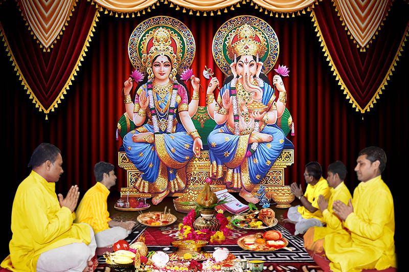 Ganesh & Lakshmi Worshipped Wallpaper