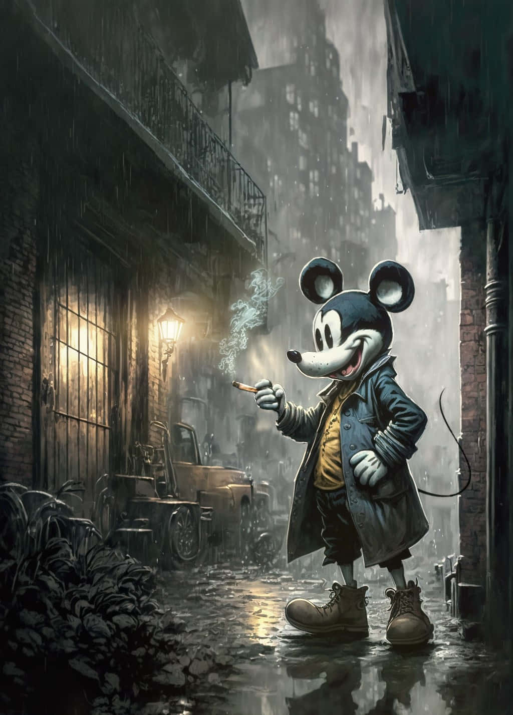 Gangster Mickey Mousein Rainy Alley Wallpaper