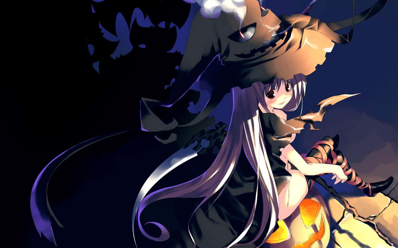 Ghostly Halloween Anime Girl With Her Pumpkin Companion Wallpaper