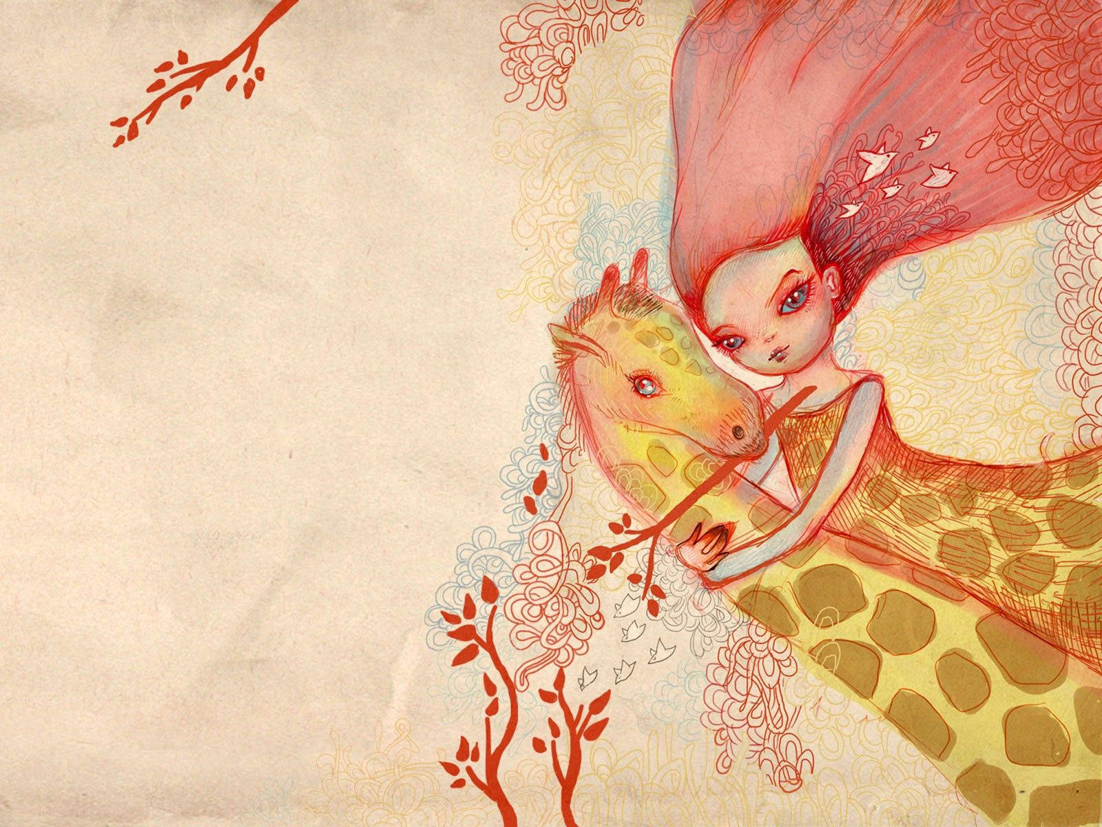 Girl And Giraffe Watercolor Art Wallpaper