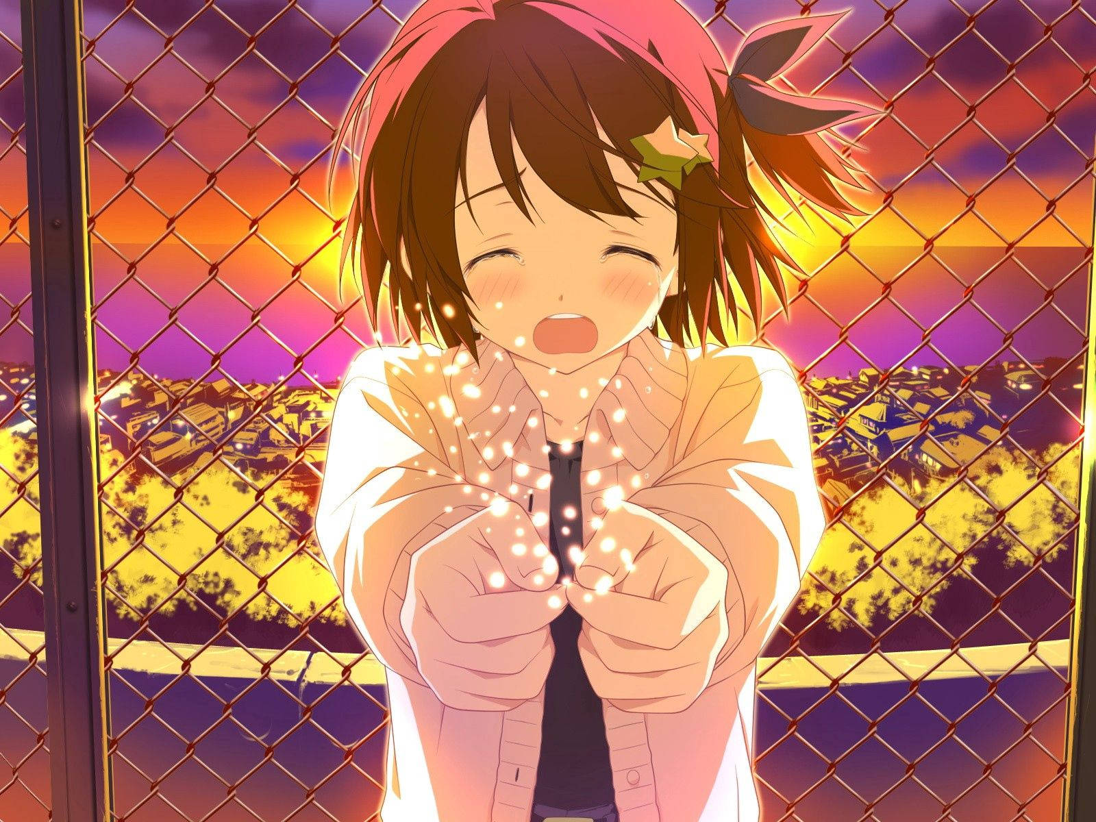 Girl Crying Golden Anime City Wallpaper