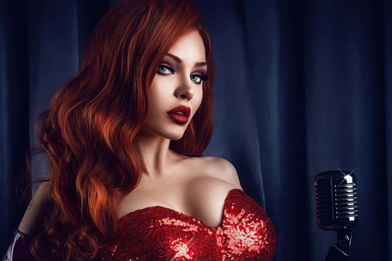 Glamorous Redhead Singer Vintage Microphone Wallpaper