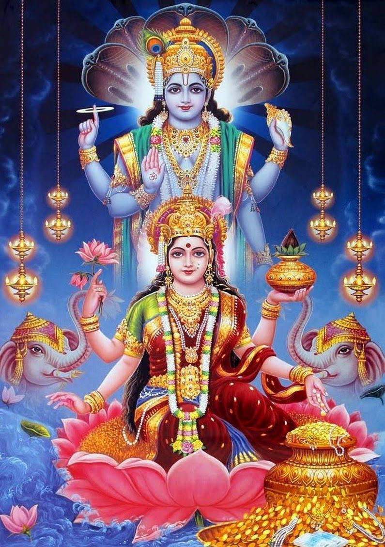 Goddess Lakshmi And Vishnu Hanging Candles Hd Wallpaper