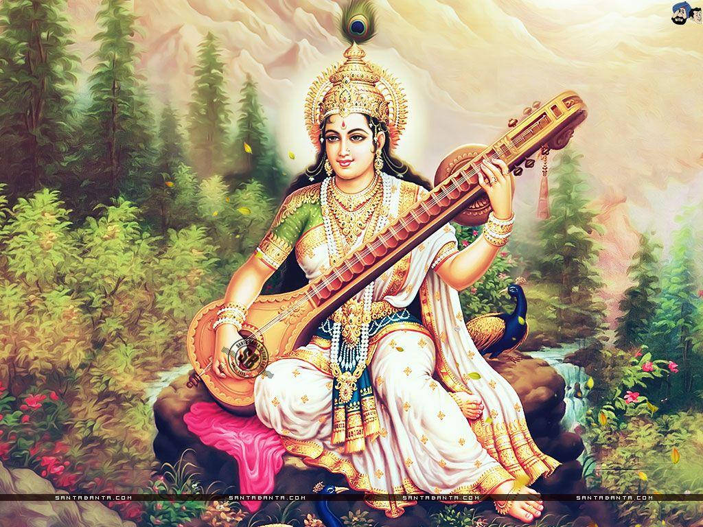 Goddess Saraswati Devi In Forest Wallpaper
