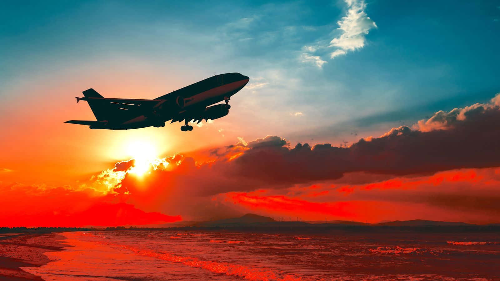 Golden Hour Silhouette Plane Background Wallpaper