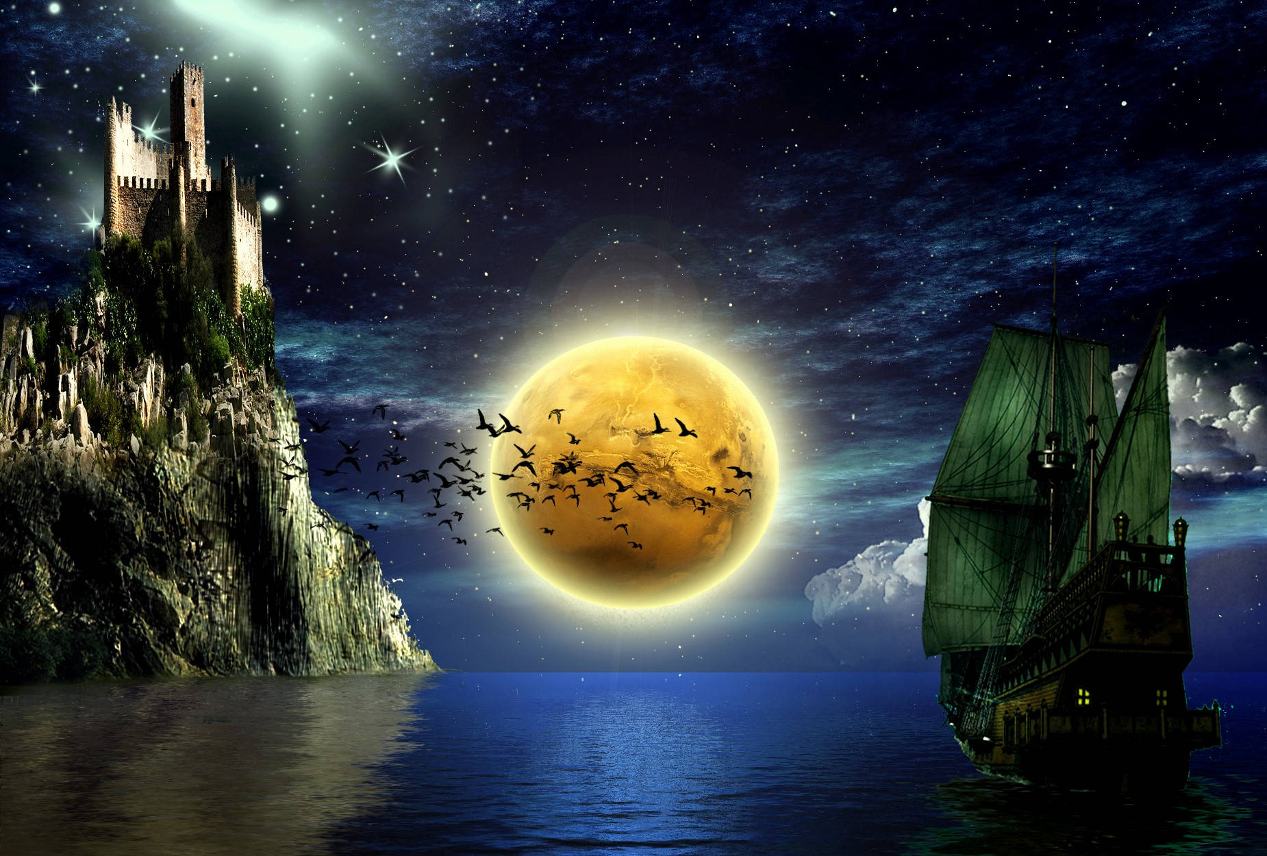 Golden Moon Fantasy Art Wallpaper