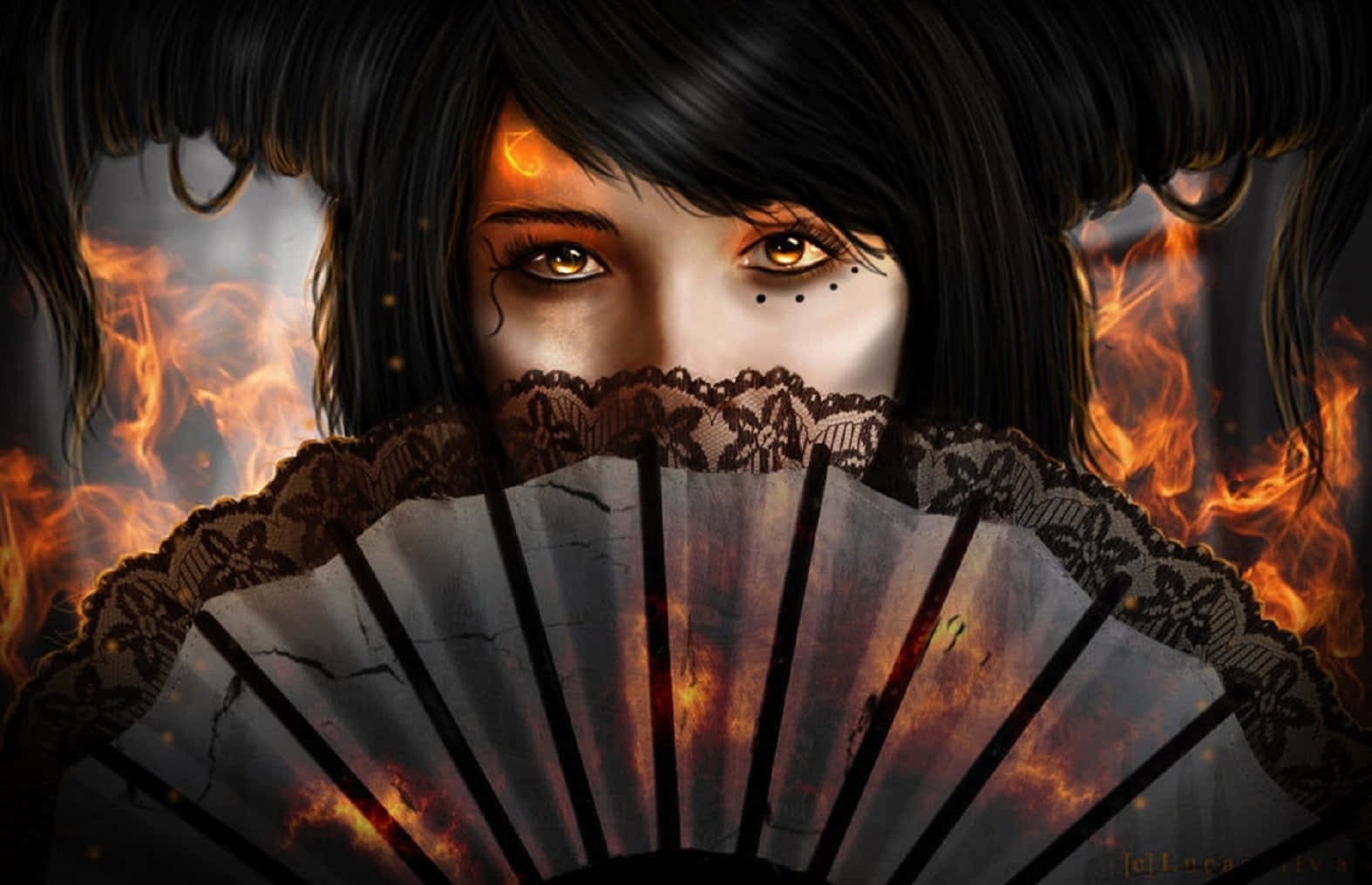 Gothic Lady Black Hand Fan Wallpaper