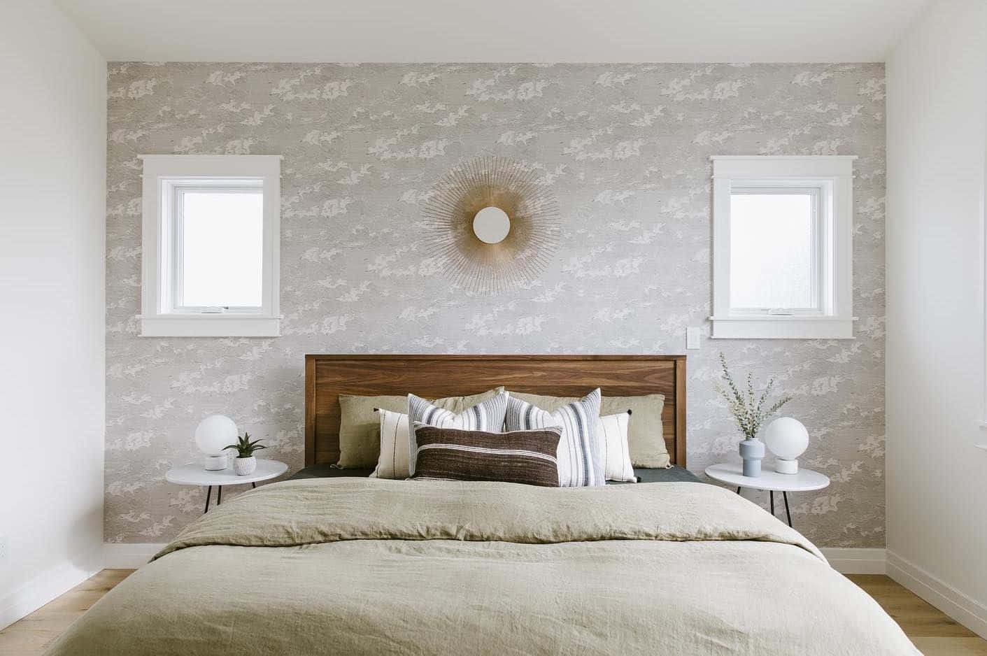 Gray Bed Linen Wooden Headboard Wallpaper