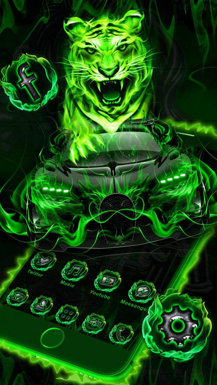 Green Fire Car With Tiger And Iphone Wallpaper