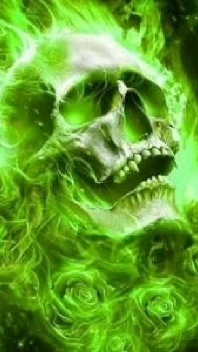 Green Fire Skull And Roses Wallpaper