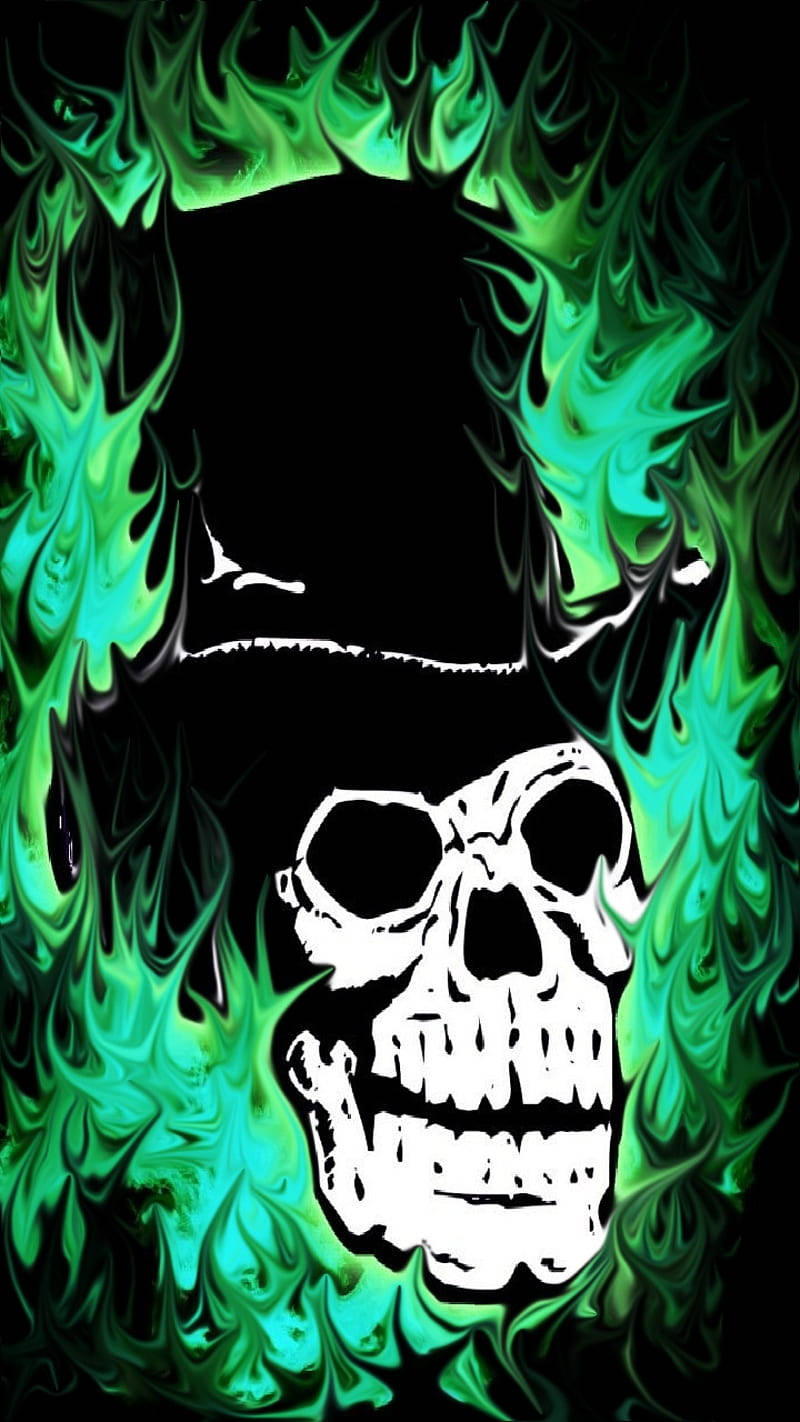 Green Fire Skull With Top Hat Wallpaper