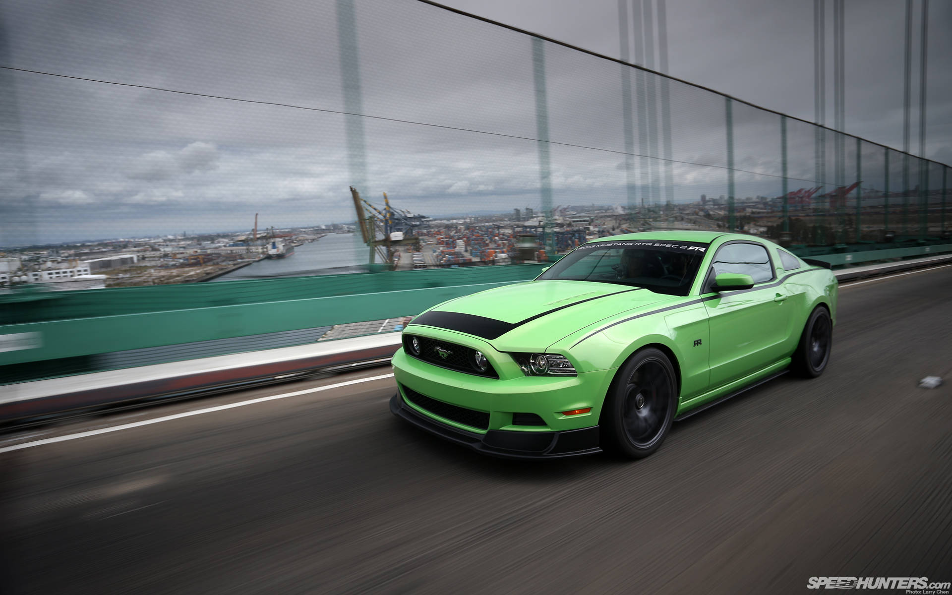 Green Mustang On Bridge Wallpaper