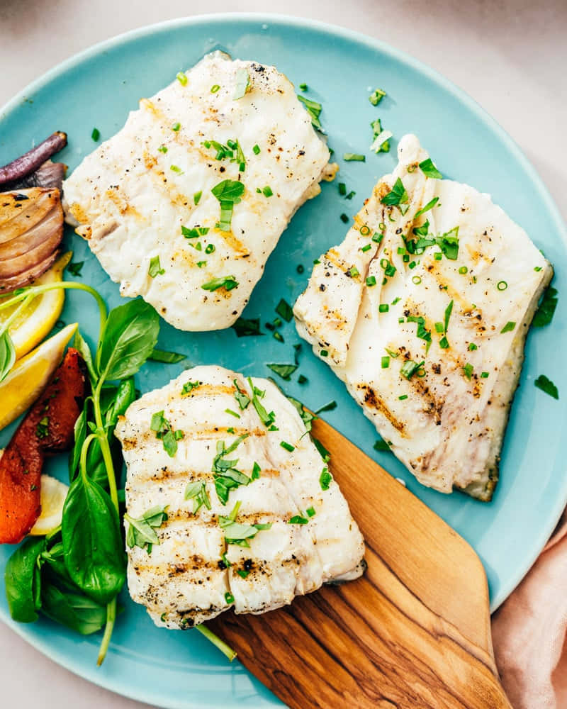 Grilled Halibut Steaks Plated Wallpaper