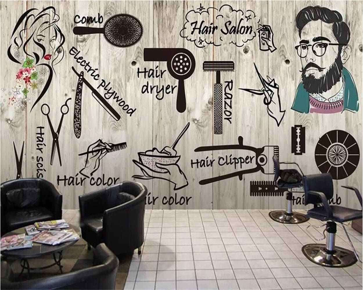 Hair Salon Wooden Doodled Wall Wallpaper