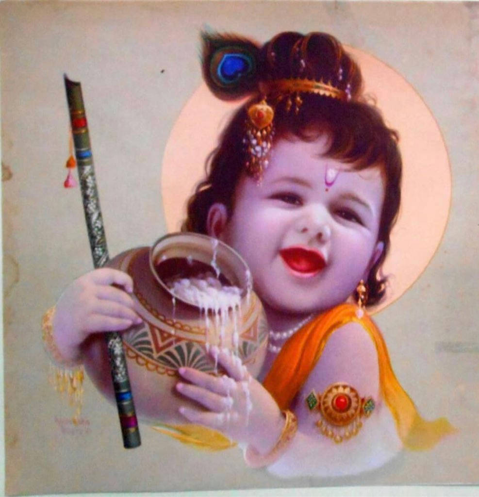Happy Bal Krishna Holding His Amritadohani Wallpaper