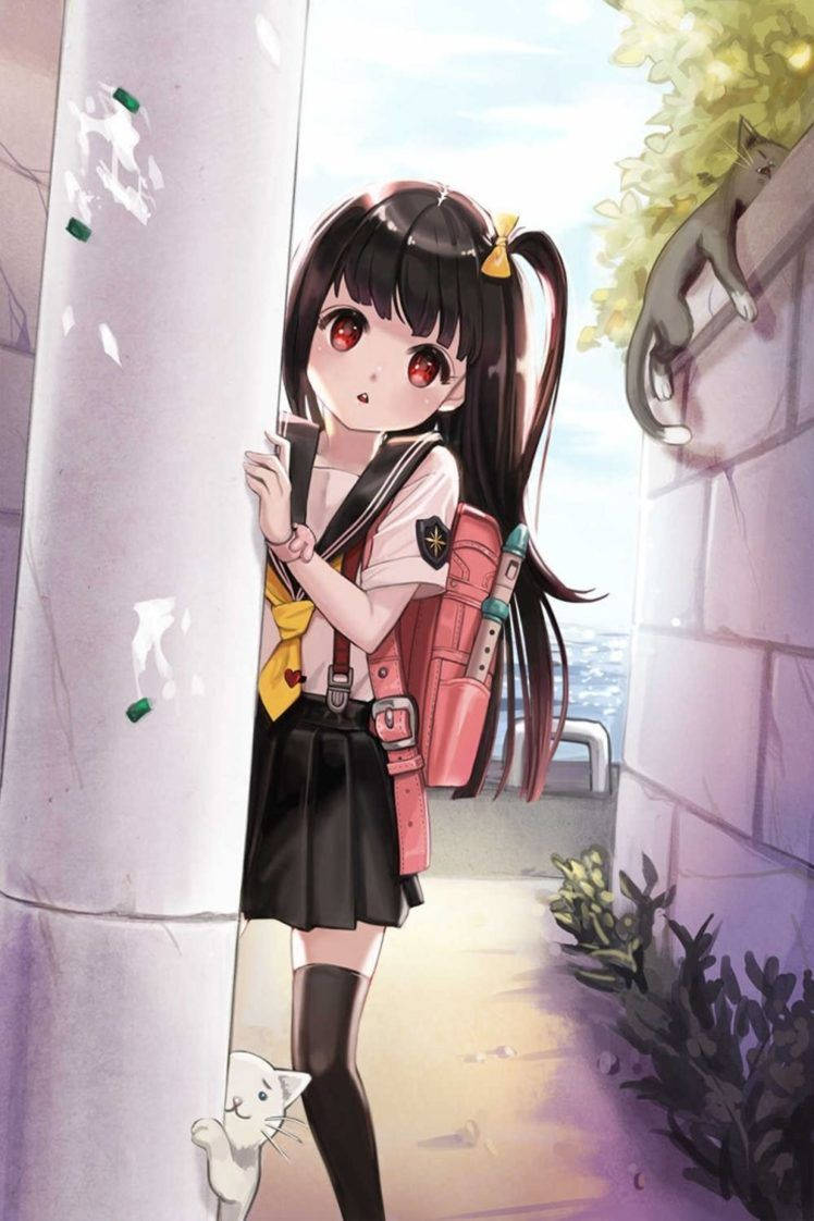 Hd Anime Phone Schoolgirl And Kitten Behind Post Wallpaper