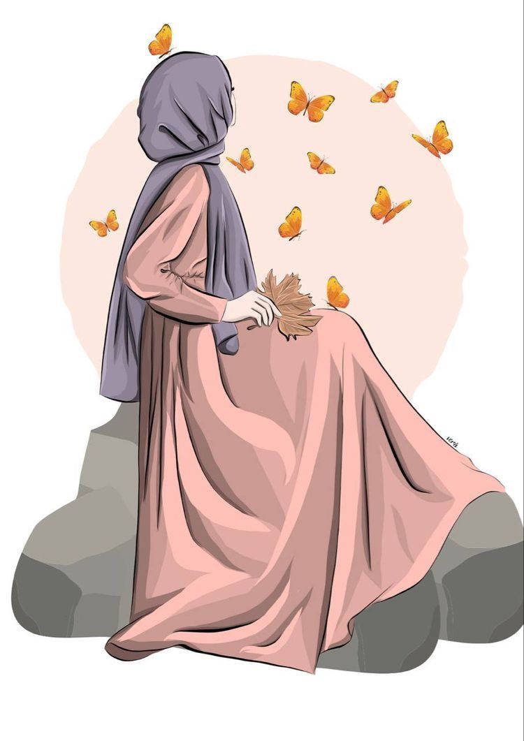 Hijab Cartoon Orange Butterflires Wallpaper