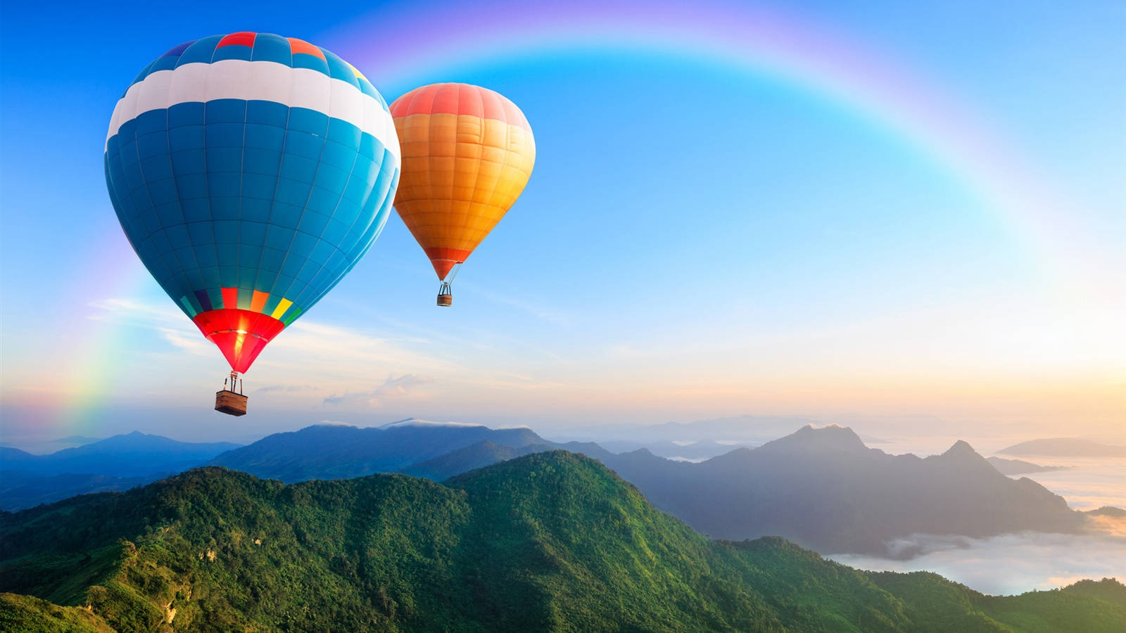 Hot Air Balloon Near Rainbow And Mountain Wallpaper
