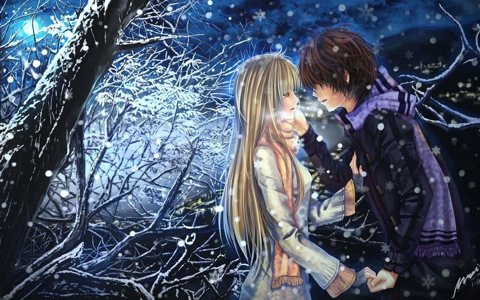 Hot Anime Couple Winter Forest Wallpaper