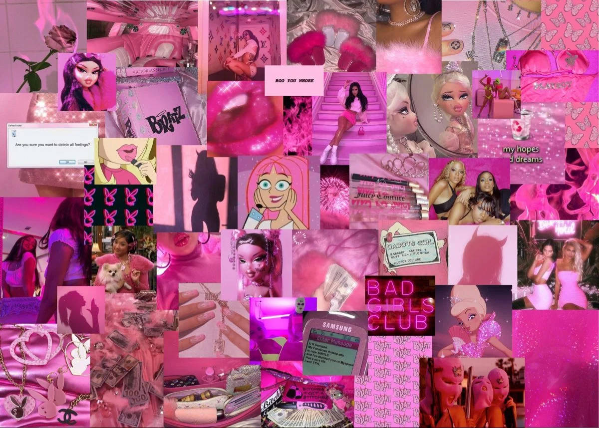Hot Pink Collage Aesthetic Feminine Computer Wallpaper