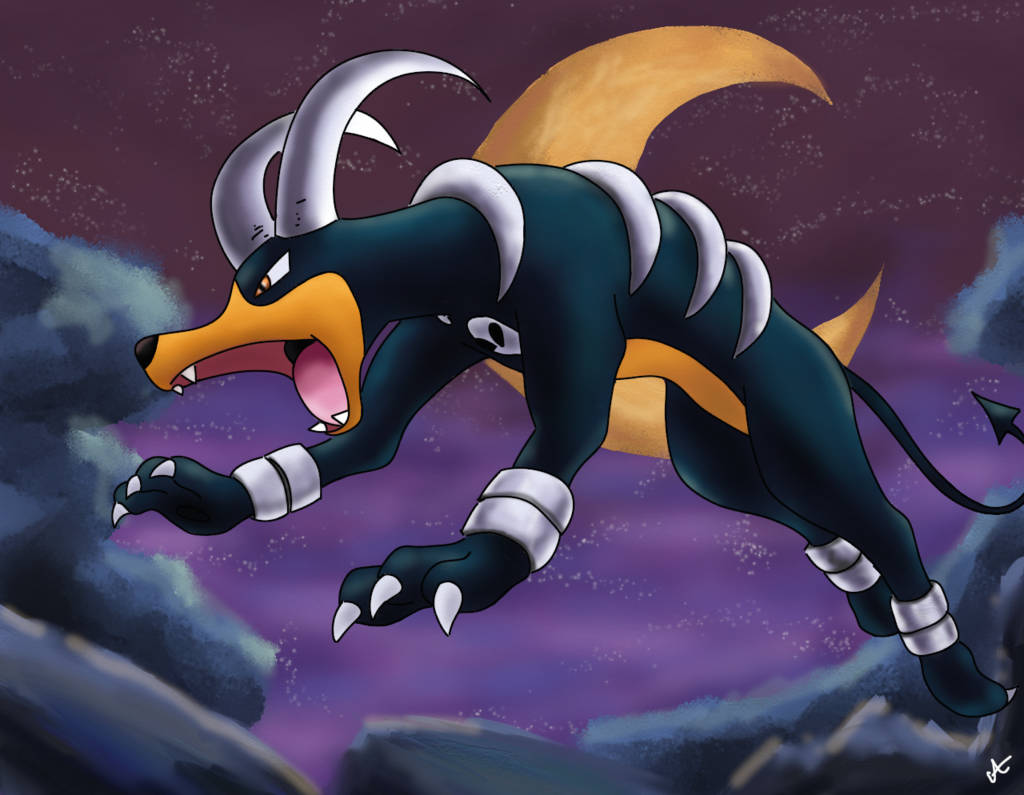 Houndoom Leaps With The Moon Behind Wallpaper