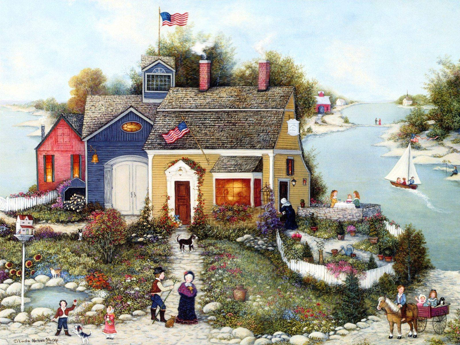 House Near Sea Paint Art Wallpaper