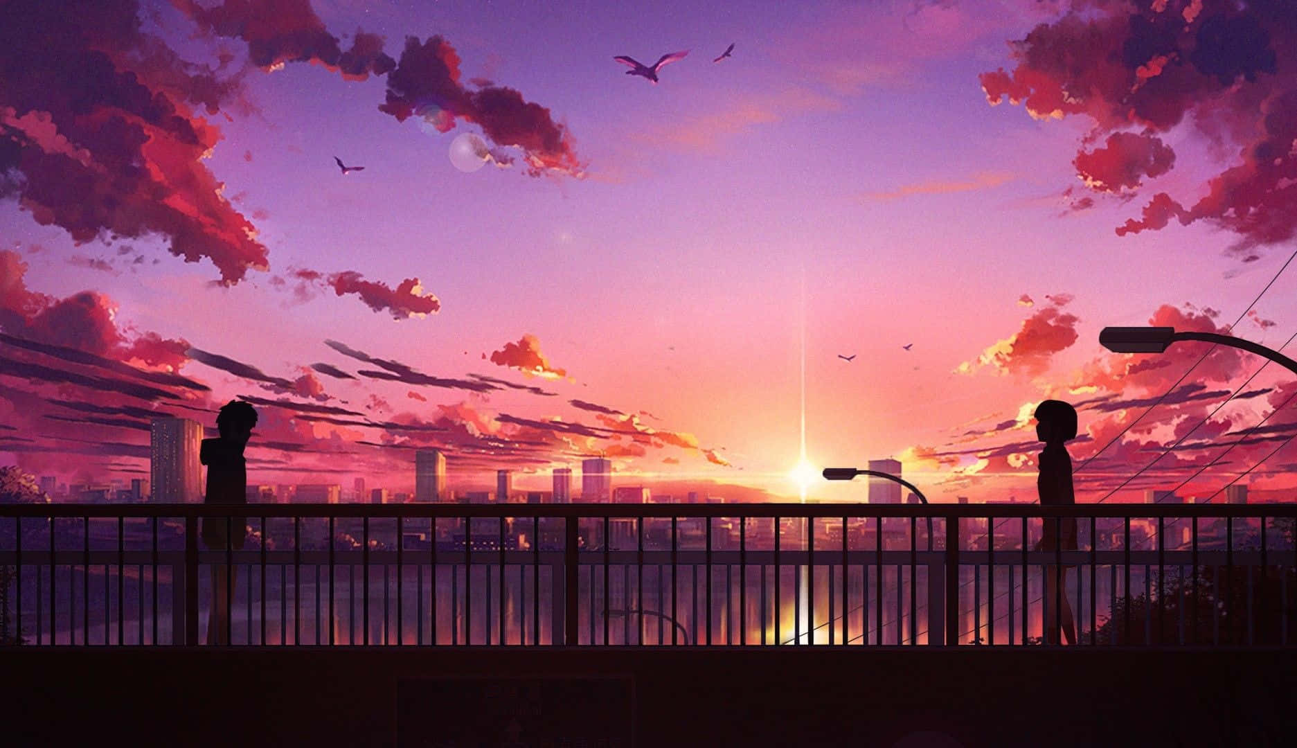 Immersed In The Beauty Of Nature, A Silhouette Of A Young Girl Sits And Admires The Stunning Anime Sunset. Wallpaper