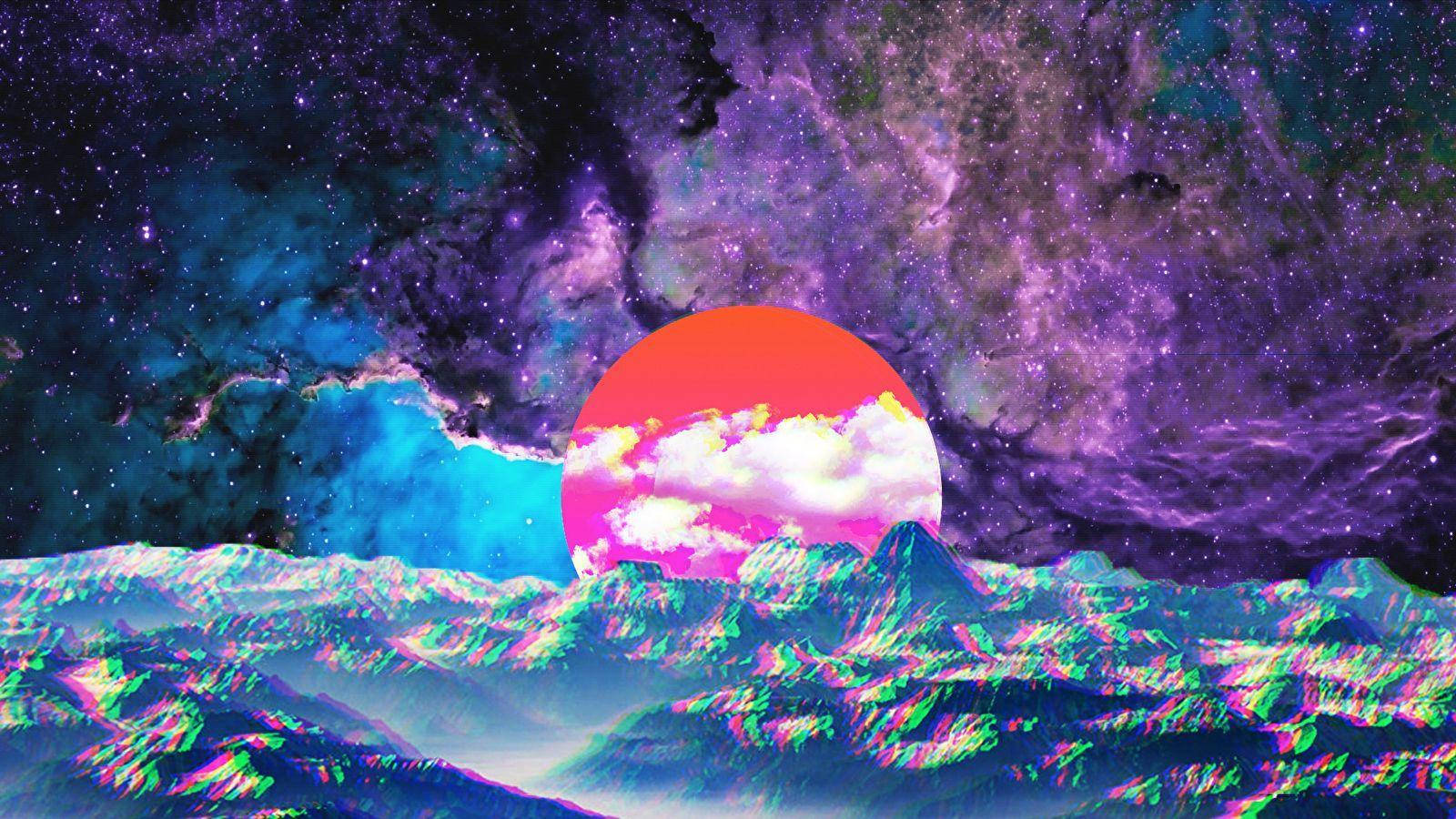 Indie Aesthetic Laptop Red Moon On Mountain Glitch Wallpaper