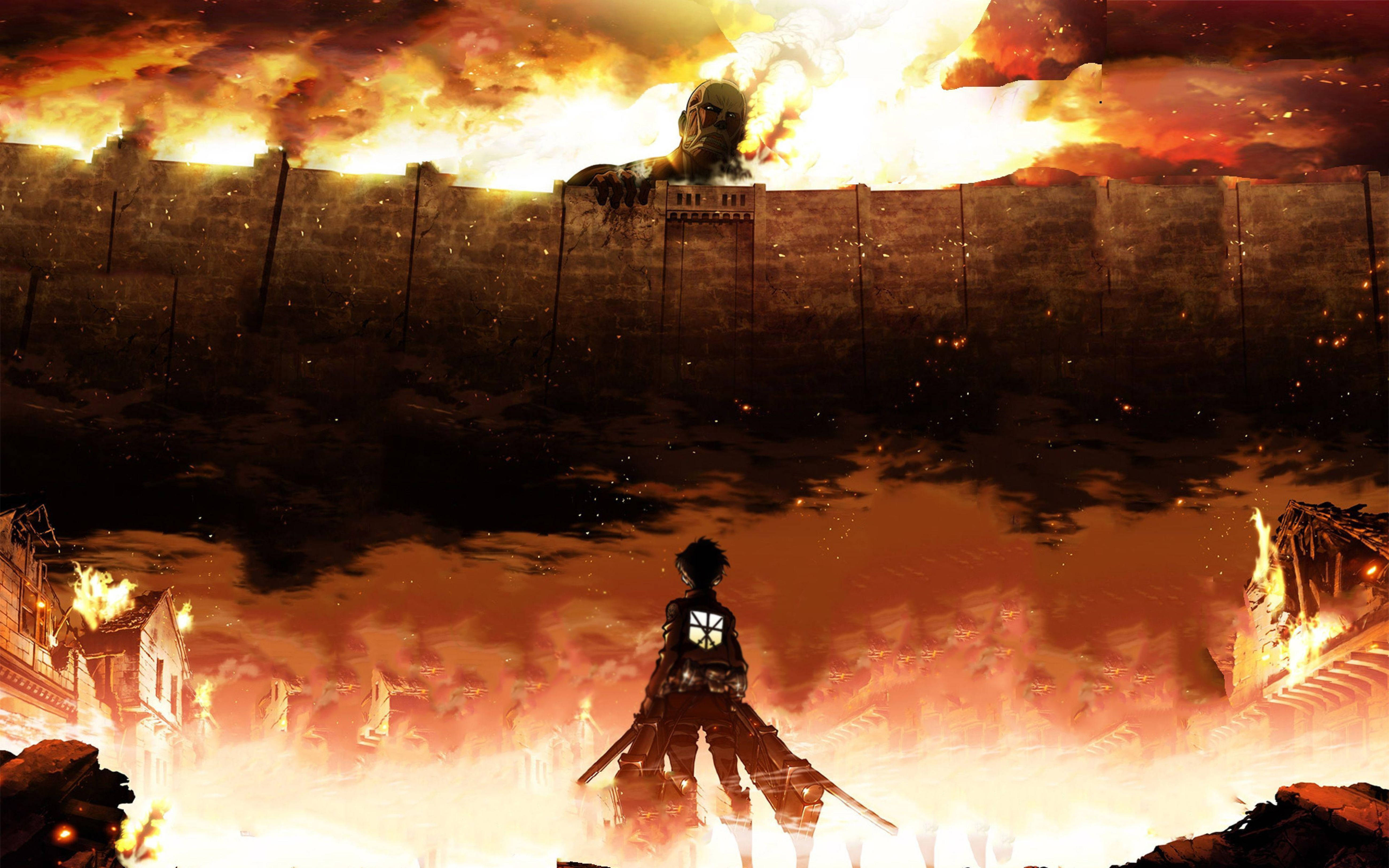Intense Moment From Attack On Titans 4k, Featuring Eren In Steam Titan Form Wallpaper