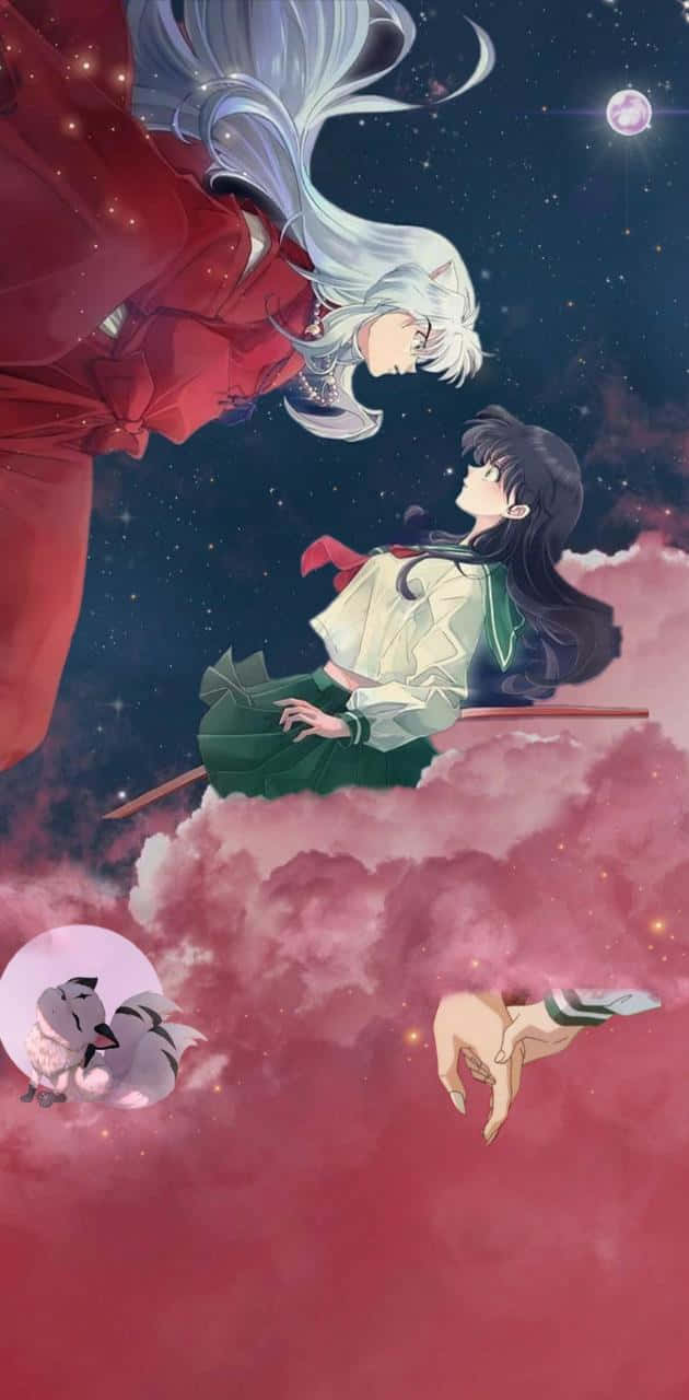 Inuyasha And Kagome On Pink Clouds Phone Wallpaper