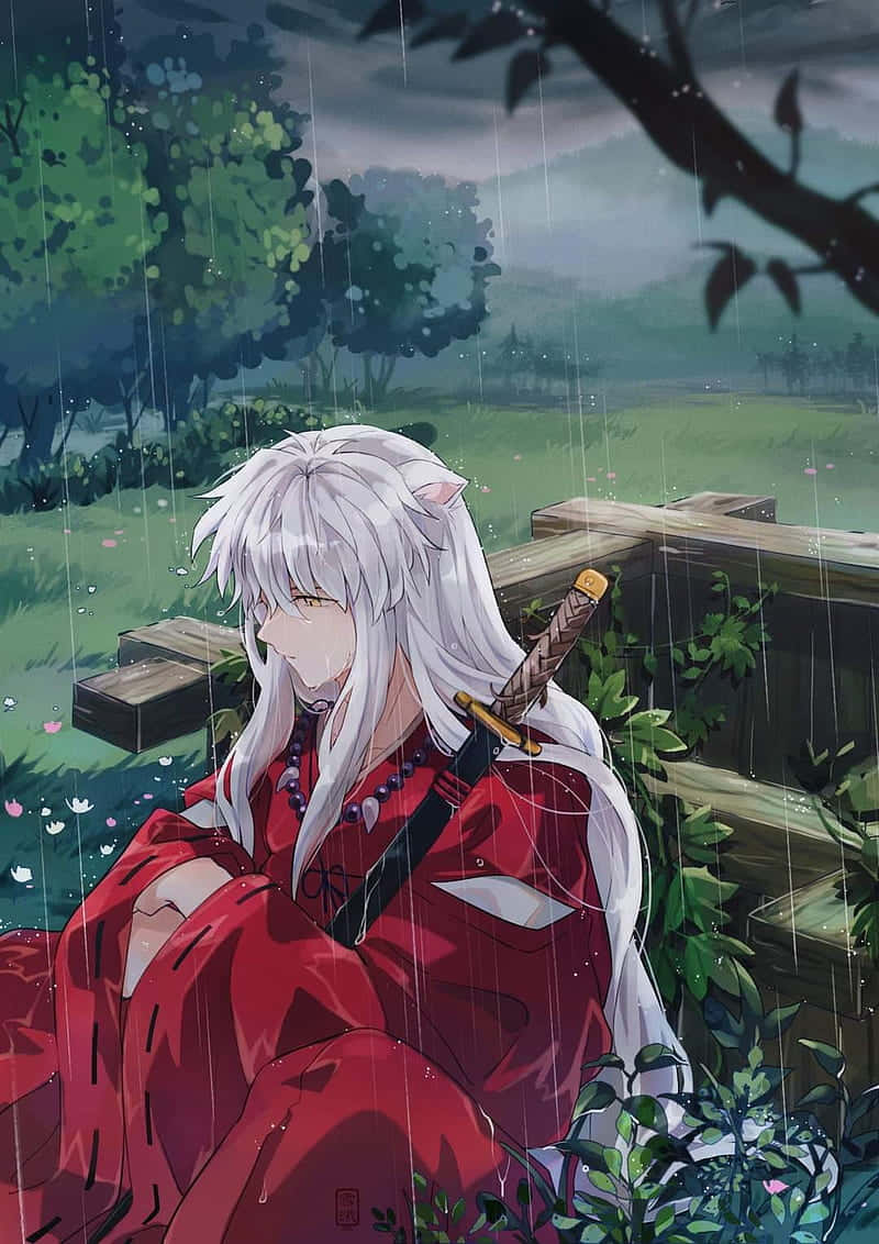 Inuyasha Waiting In The Rain Phone Wallpaper