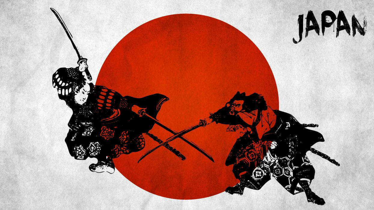 Japan Flag With Animated Samurai People Wallpaper