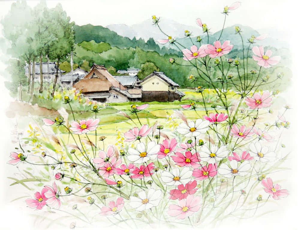 Japanese Town Drawing Desktop Wallpaper