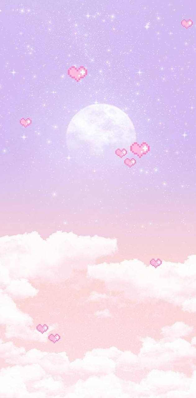 Kawaii Purple Sky With Hearts Wallpaper