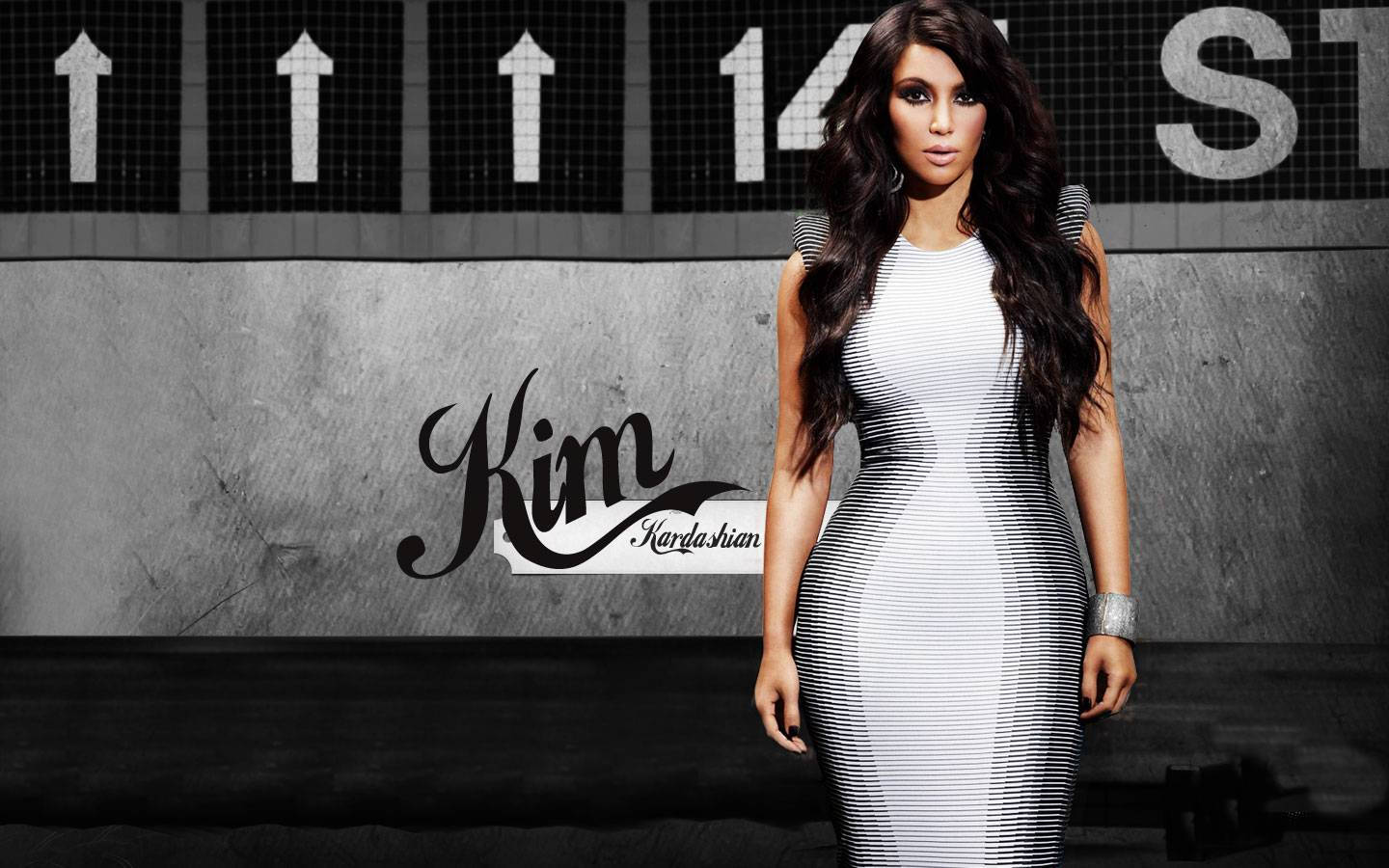 Kim Kardashian In Striped Dress Wallpaper