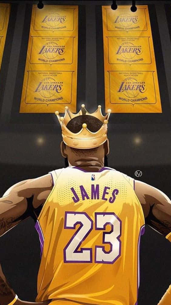 King Lebron James With The Banners Of Lakers Wallpaper