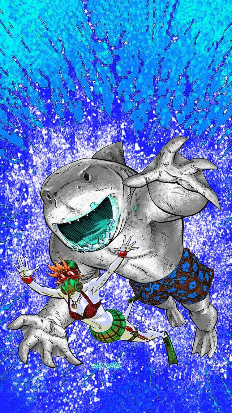 King Shark And Harley Quinn Swimming Wallpaper