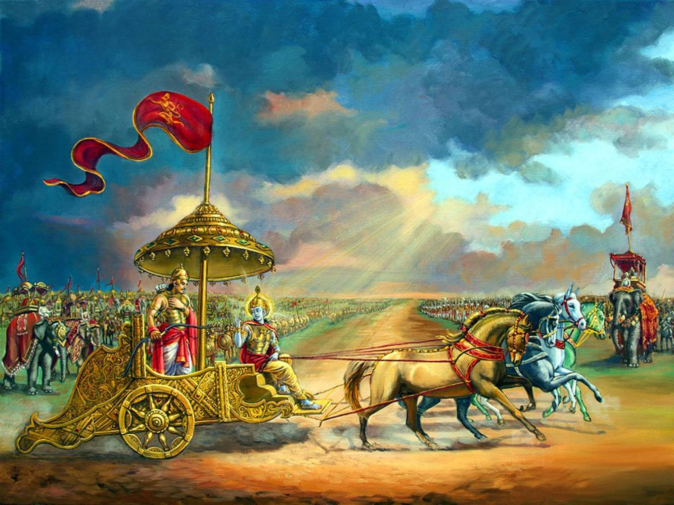 Krishna Arjun Leading The Kurukshetra War Wallpaper
