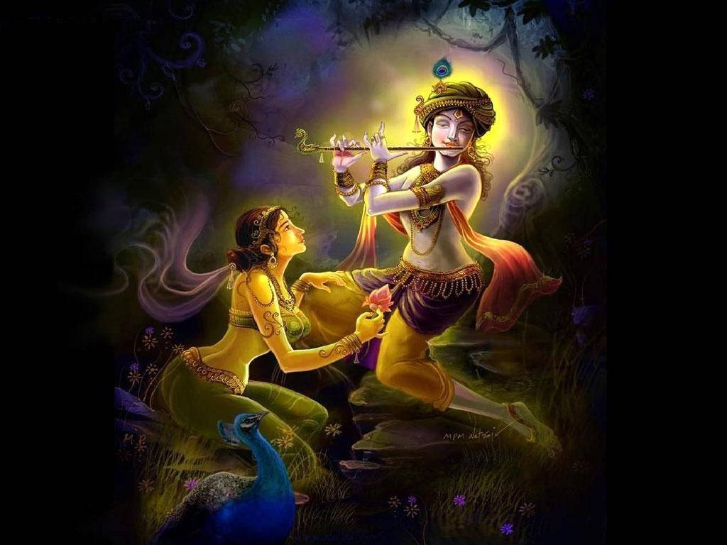 Krishna Bhagwan Playing Flute For Radha In Forest Wallpaper