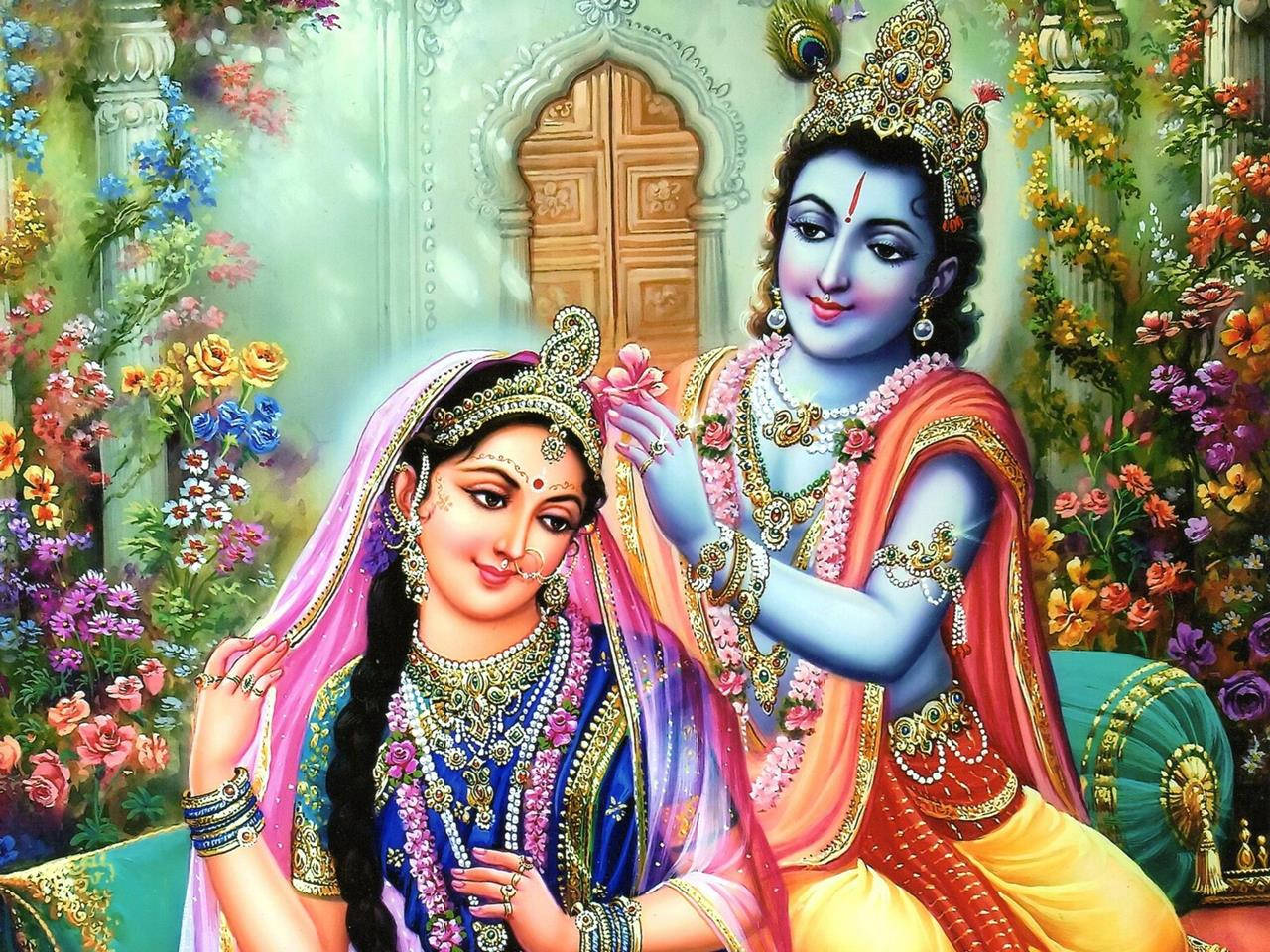 Krishna Bhagwan Putting Flower On Radha's Hair Wallpaper
