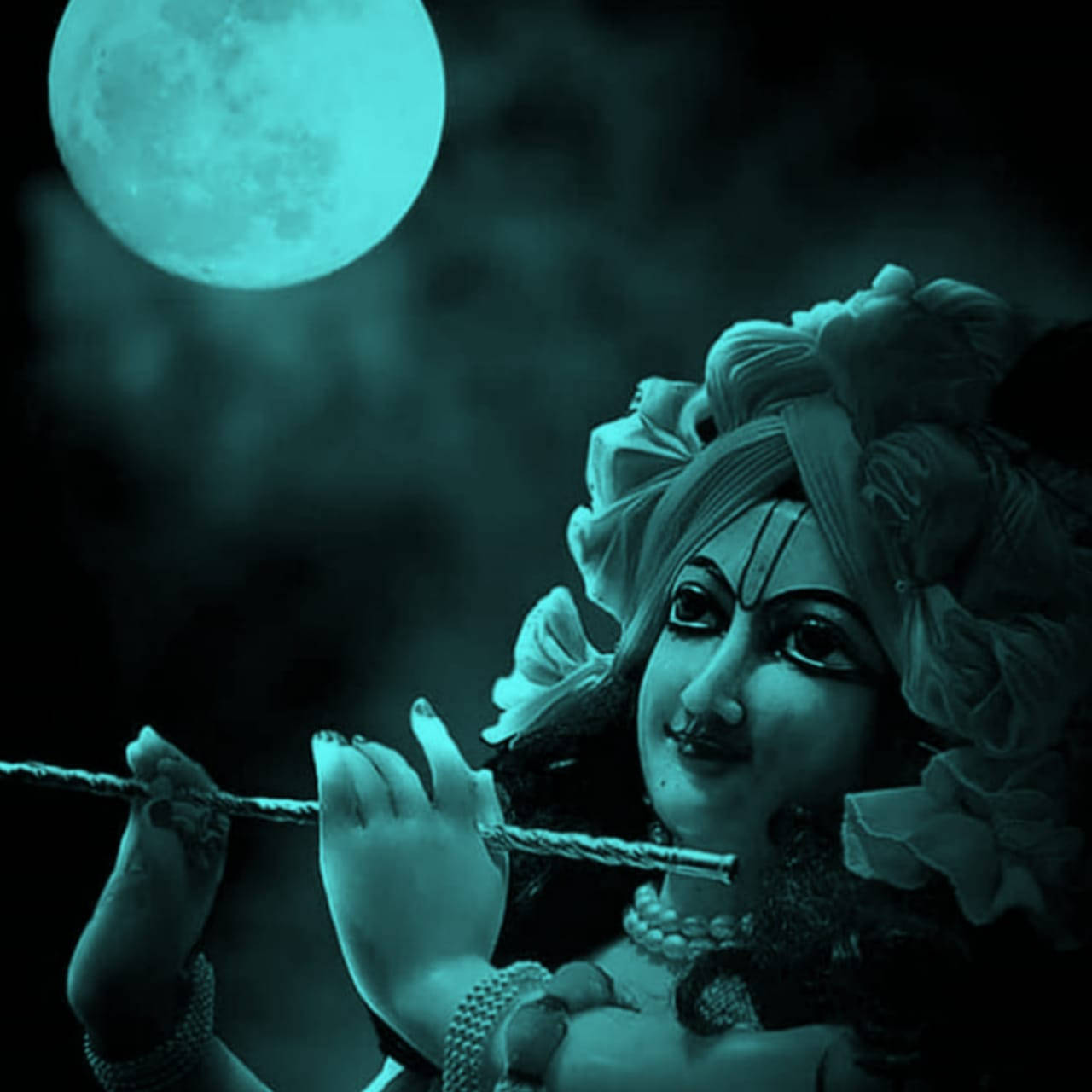 Krishna Bhagwan Statue Under Moonlight Wallpaper