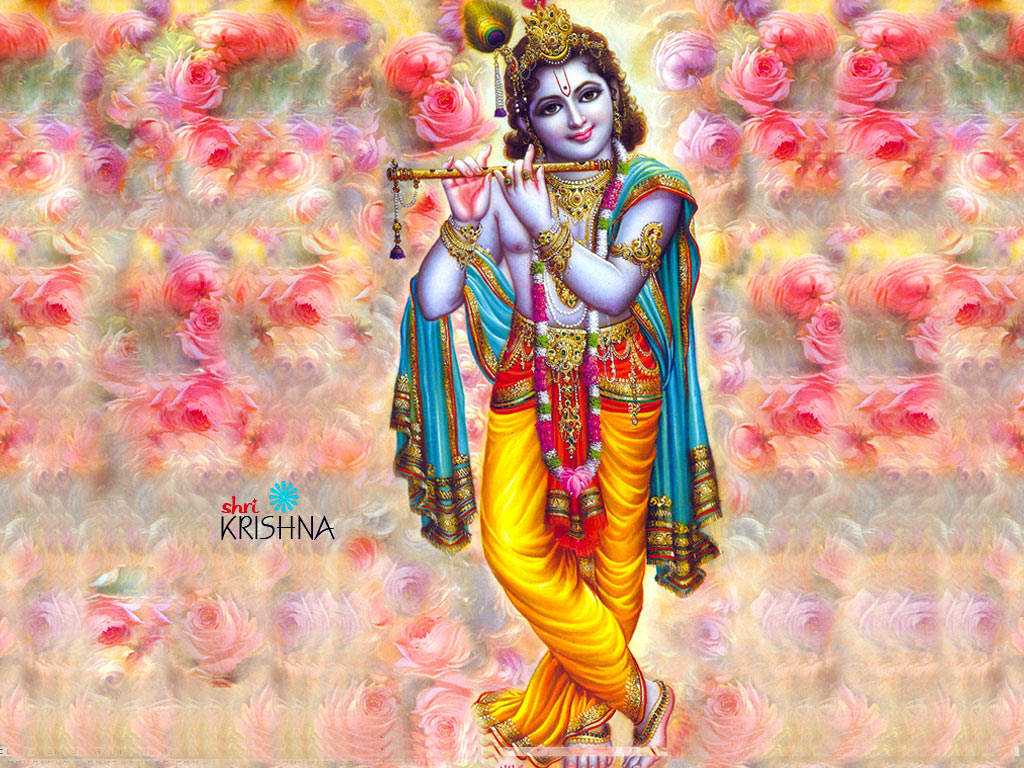 Krishna Bhagwan With Flower Background Wallpaper