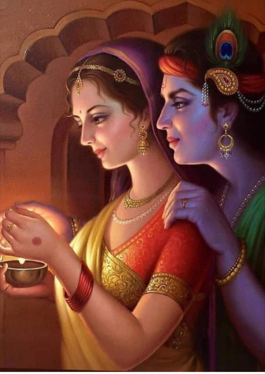 Krishna Phone Radha Looking At Candle Wallpaper