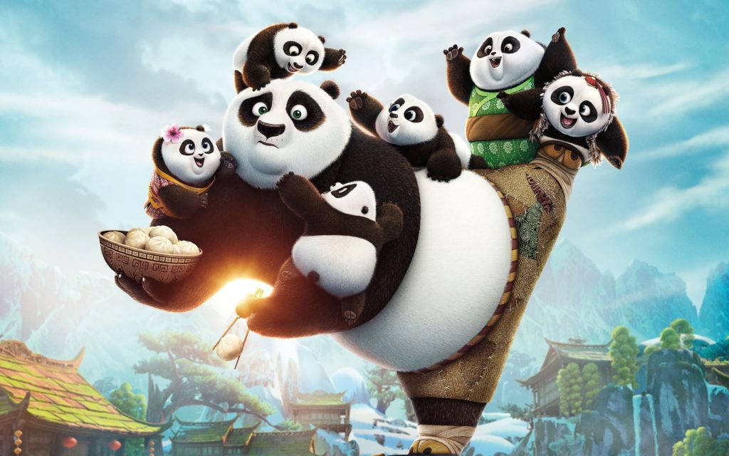 Kung Fu Panda Holding Many Baby Pandas Wallpaper