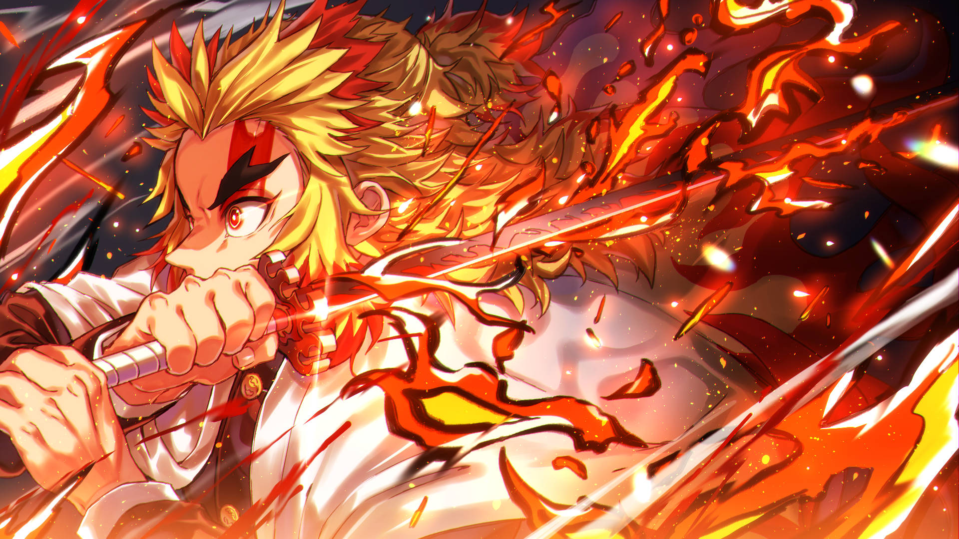 Download free Kyojuro Rengoku With Fiery Sword Wallpaper - MrWallpaper.com