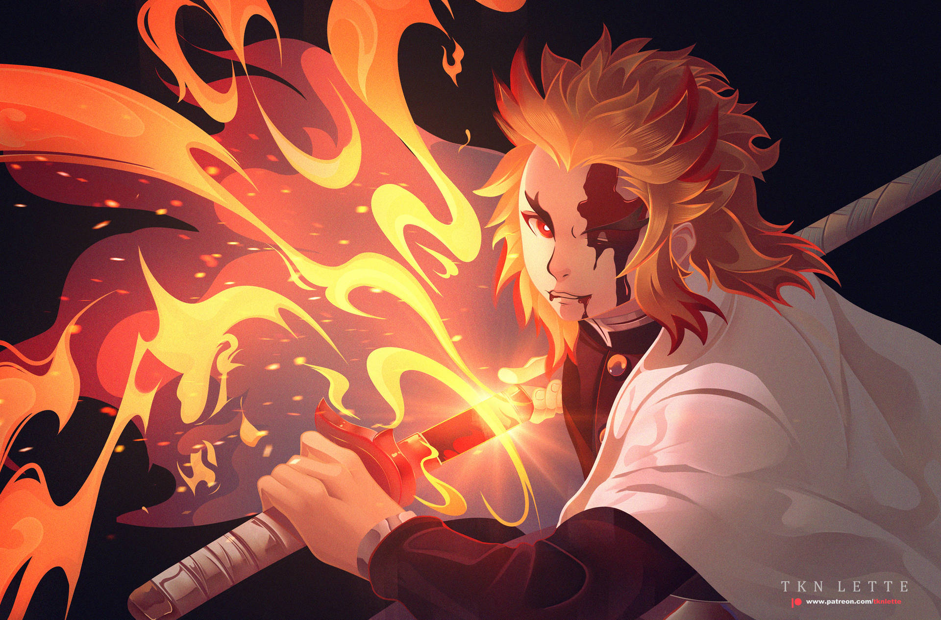 Download free Kyojuro Rengoku With Flaming Sword Wallpaper - MrWallpaper.com