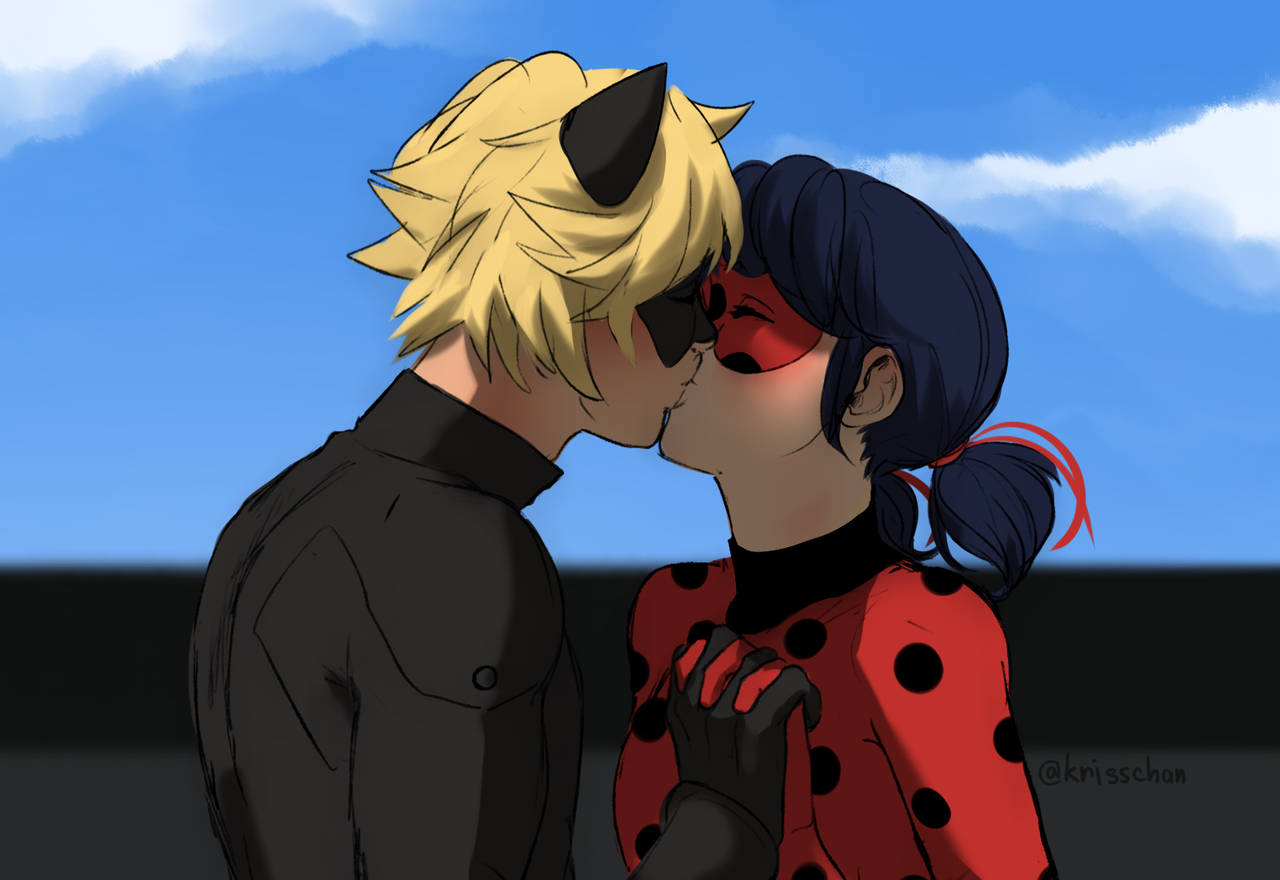Ladybug And Cat Noir Kiss Blue Sky Wallpaper