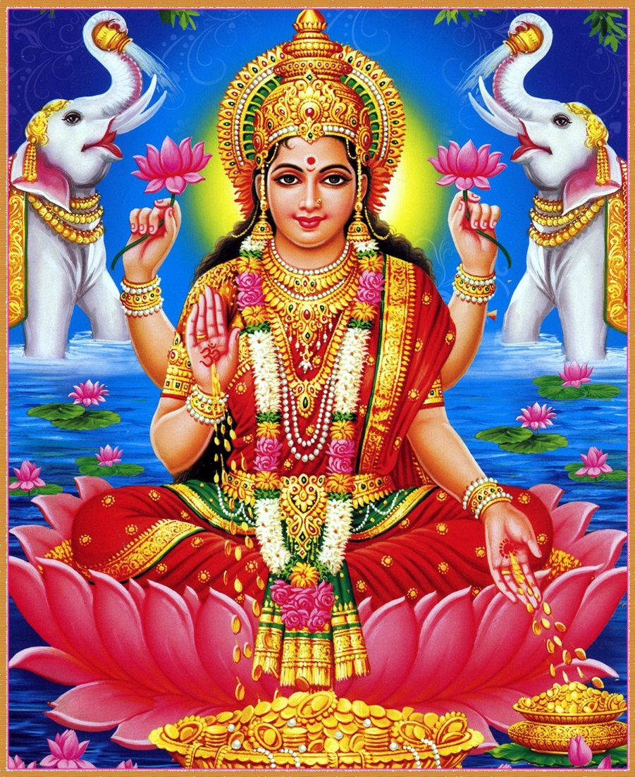 Lakshmi Devi Releasing Coins Blue Background Wallpaper