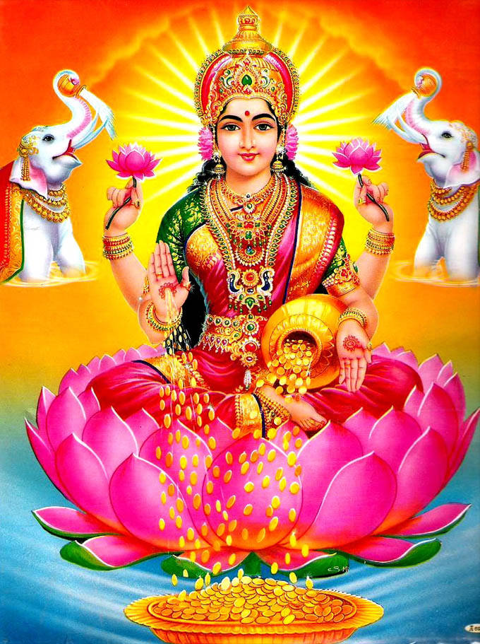 Lakshmi Devi With Coins Orange Background Wallpaper