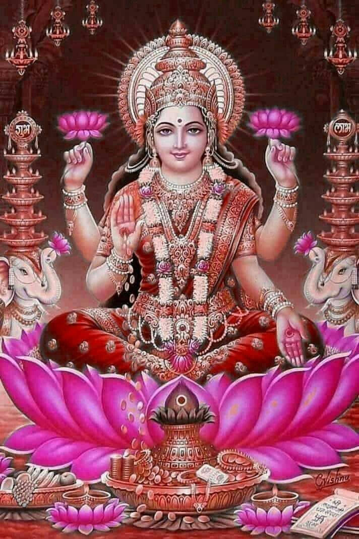 Lakshmi Devi With Lamps And Elephants Wallpaper